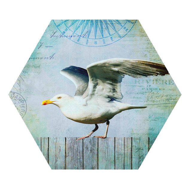 Cuadros azules Vintage Collage - Seagull On Wooden Planks