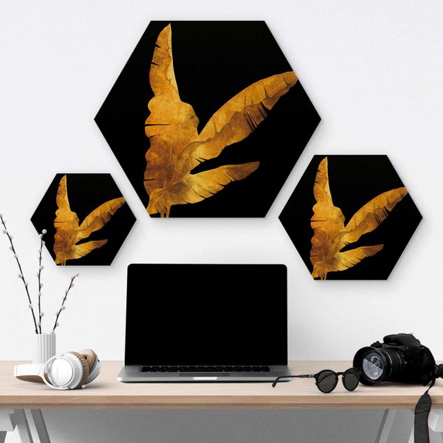 Hexagon Bild Holz - Gold - Bananenpalme auf Schwarz