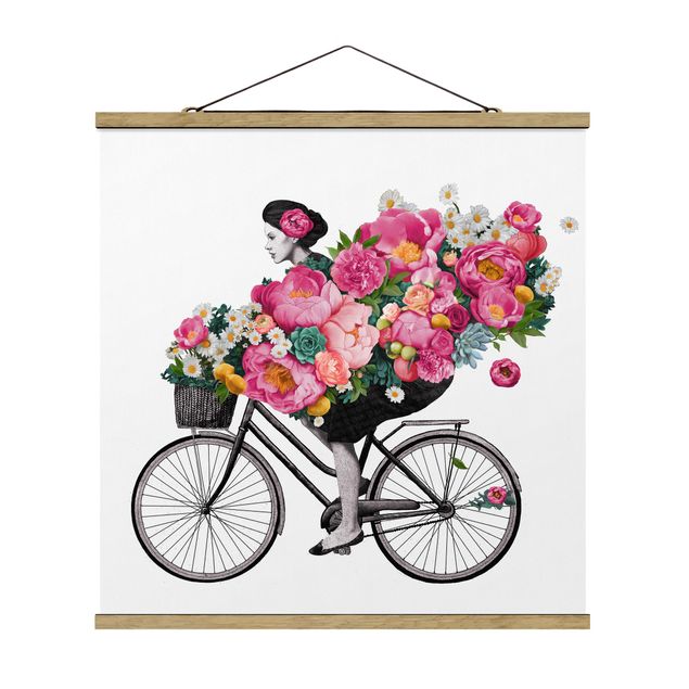 Láminas de cuadros famosos Illustration Woman On Bicycle Collage Colourful Flowers