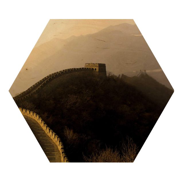 Hexagon Bild Holz - Sonnenaufgang über der chinesischen Mauer