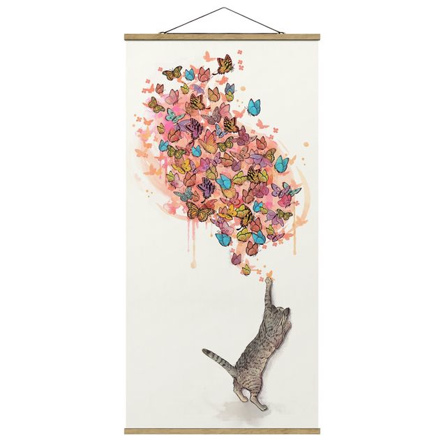 Reproducciónes de cuadros Illustration Cat With Colourful Butterflies Painting