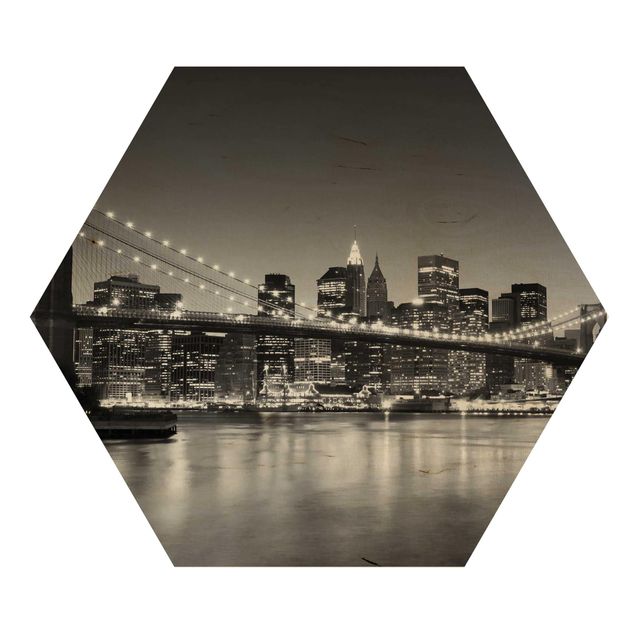 Hexagon Bild Holz - Brooklyn Brücke in New York II