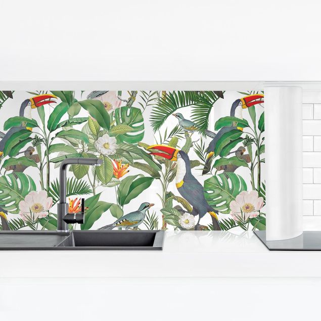 revestimiento pared cocina Tropical Toucan With Monstera And Palm Leaves