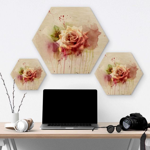Hexagon Bild Holz - Aquarell Rose