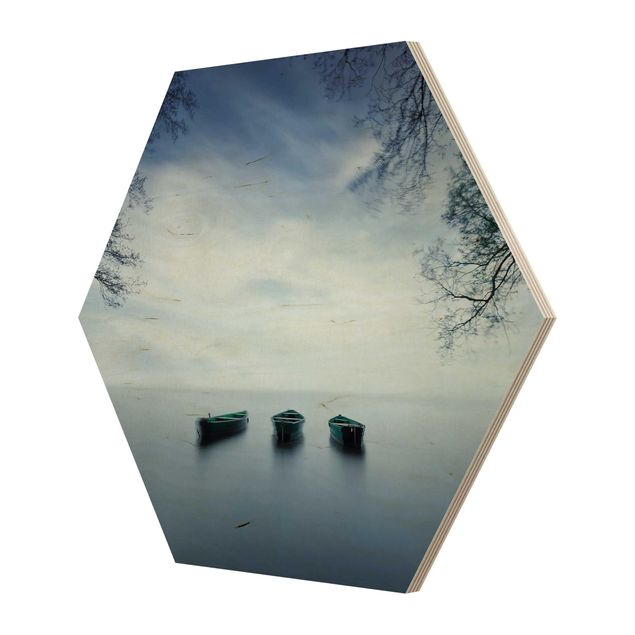 Hexagon Bild Holz - Ruhe auf dem See
