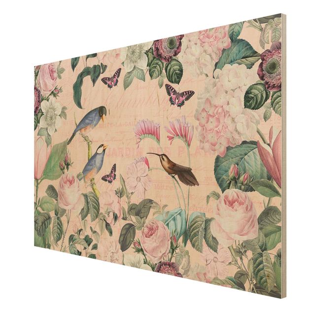cuadro vintage madera Vintage Collage - Roses And Birds