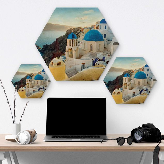 Hexagon Bild Holz - Santorini