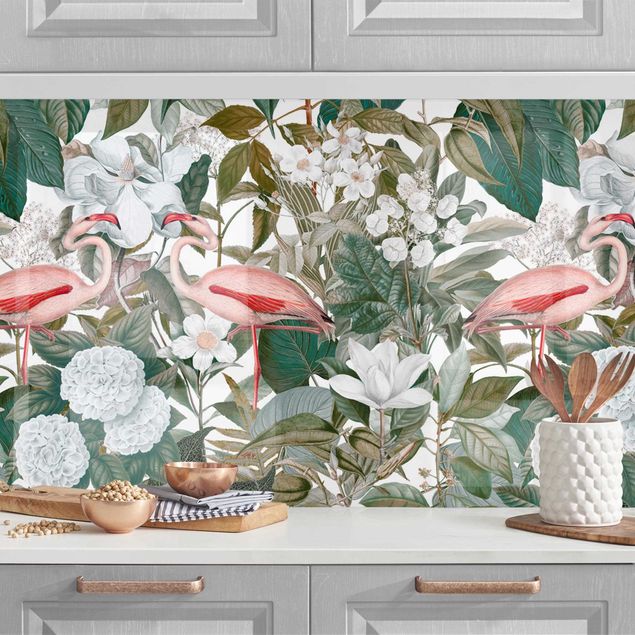 Decoración cocina Pink Flamingos With Leaves And White Flowers II