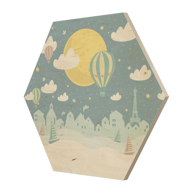 Hexagon Bild Holz - Paris mit Sternen und Heißluftballon