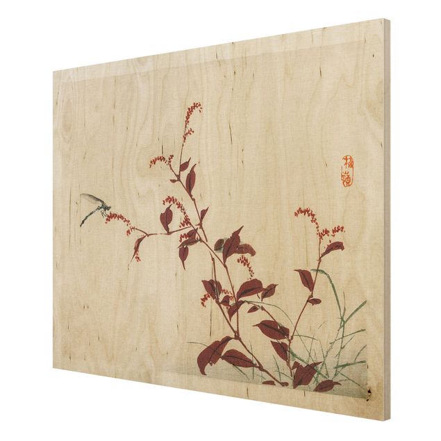 cuadro vintage madera Asian Vintage Drawing Red Branch With Dragonfly