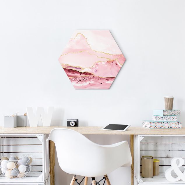 Cuadros famosos Abstract Mountains Pink With Golden Lines