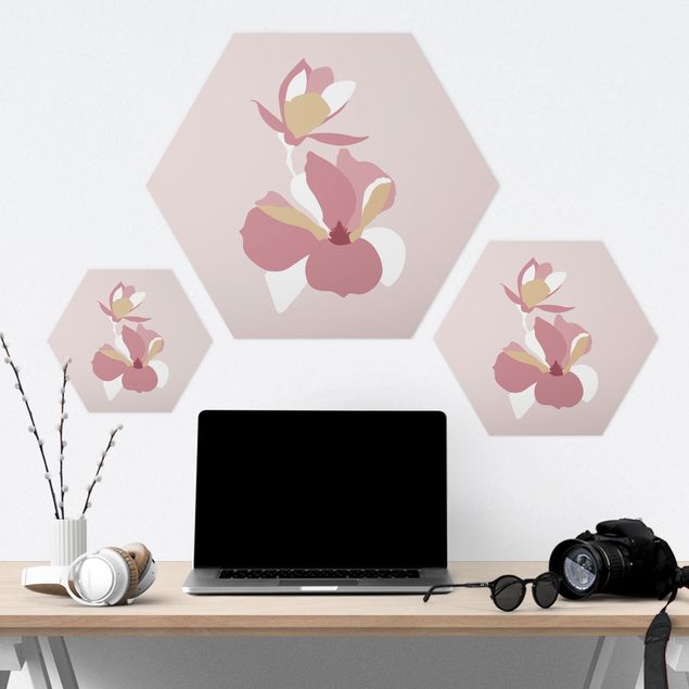 cuadro hexagonal Line Art Flowers Pastel Pink