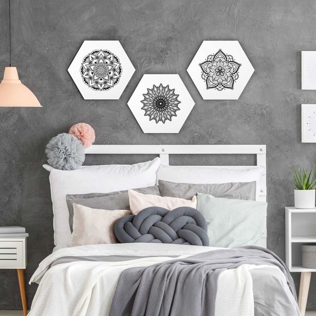 Cuadros de mandalas para dormitorios Mandala Flower Sun Illustration Set Black And White