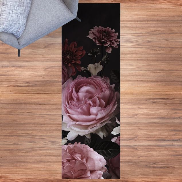alfombra de terraza Pink Flowers On Black Vintage