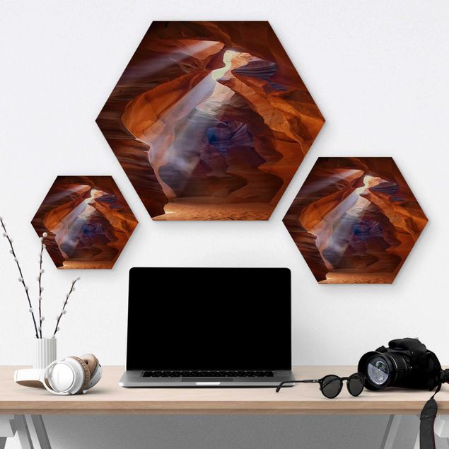 Hexagon Bild Holz - Lichtspiel im Antelope Canyon