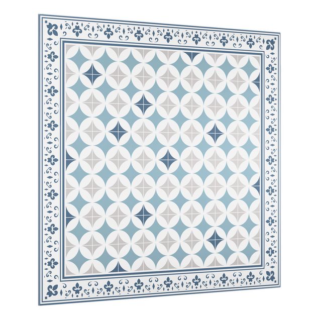 panel-antisalpicaduras-cocina Geometrical Tiles Circular Flowers Dark Blue With Border
