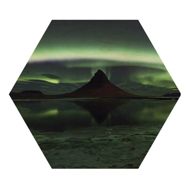 Hexagon Bild Holz - Polarlicht in Island