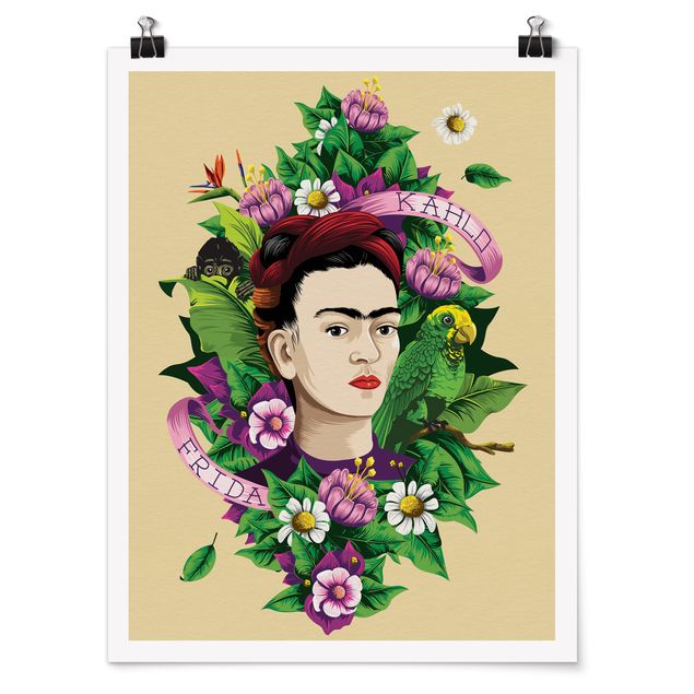Póster flores Frida Kahlo - Frida, Monkey And Parrot