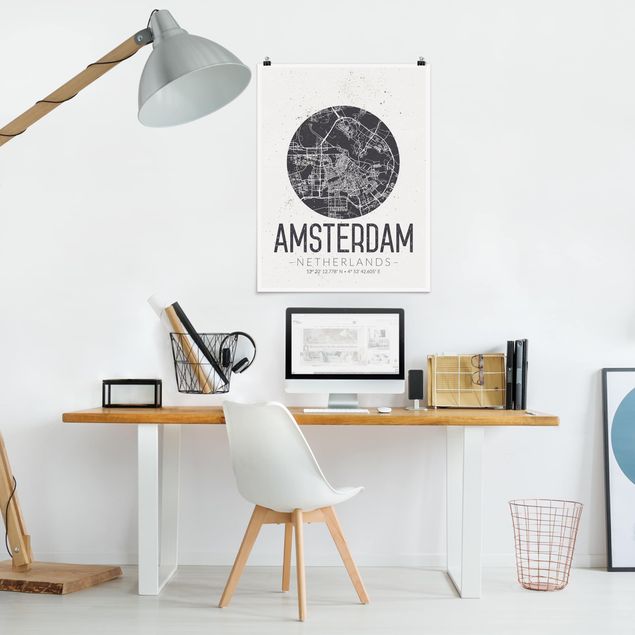 Póster blanco y negro Amsterdam City Map - Retro