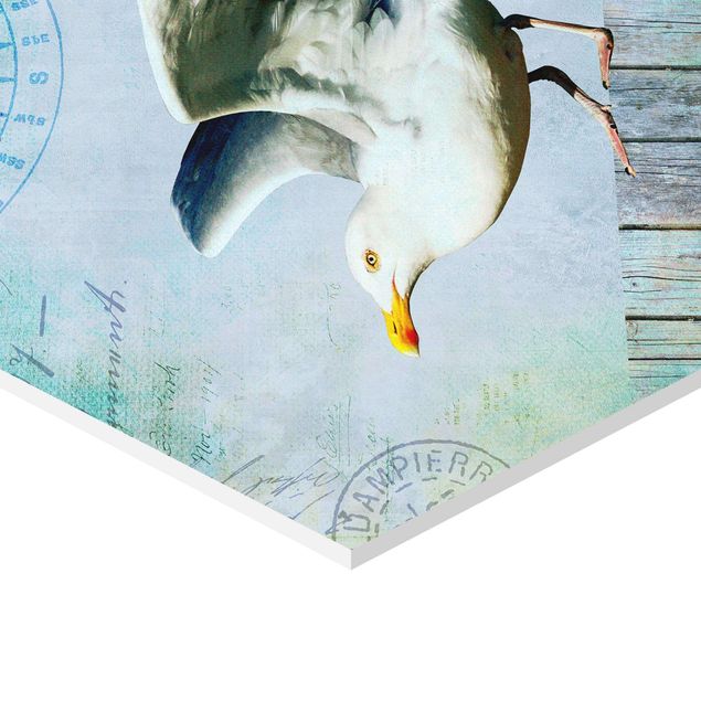 cuadros hexagonales Vintage Collage - Seagull On Wooden Planks