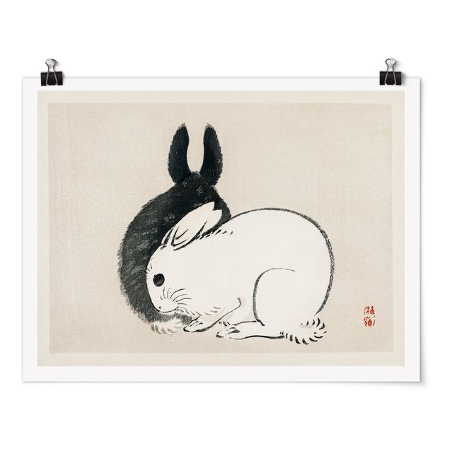 Póster de animales Asian Vintage Drawing Two Bunnies
