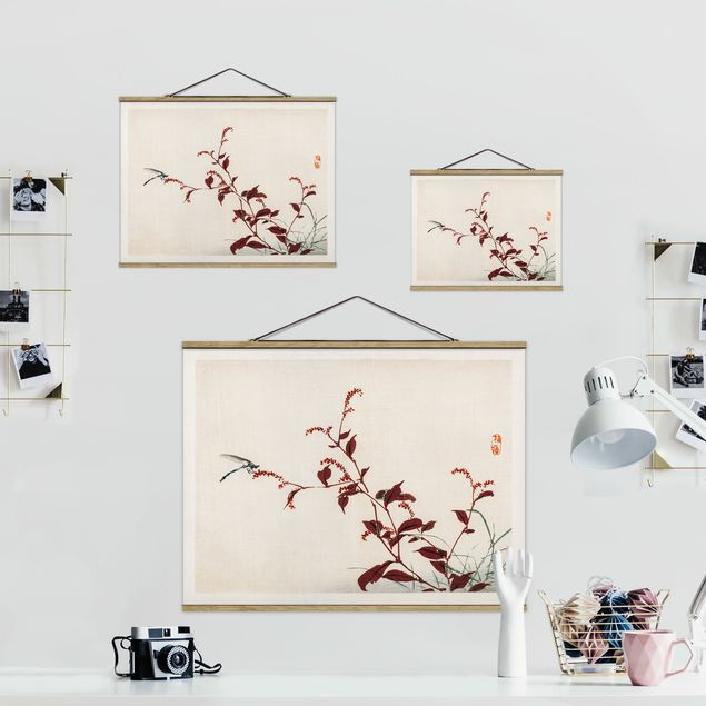 Cuadros decorativos Asian Vintage Drawing Red Branch With Dragonfly
