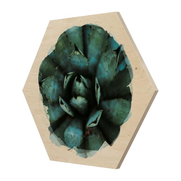 Hexagon Bild Holz - Wasserfarben - Blaue Agave