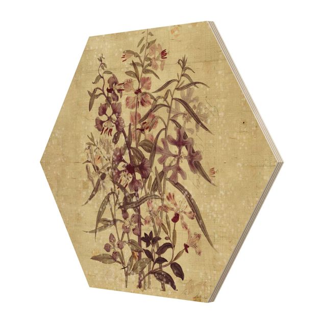 Hexagon Bild Holz - Vintage Florale Leinenoptik