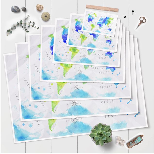 Pósters World Map Watercolour Blue Green