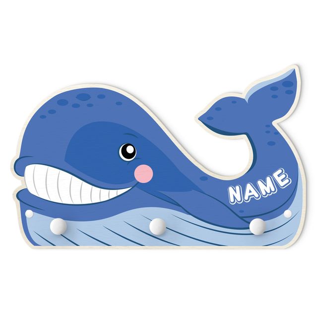 Percheros de pared azules Chubby Whale With Customised Name