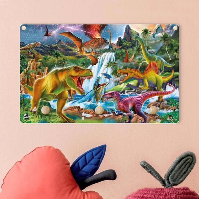Percheros de pared multicolores Dinosaurs In A Prehistoric Storm