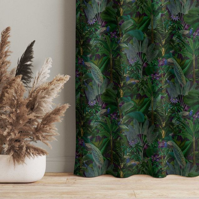 cortinas para sala modernas Jungle Leaves With Peacocks