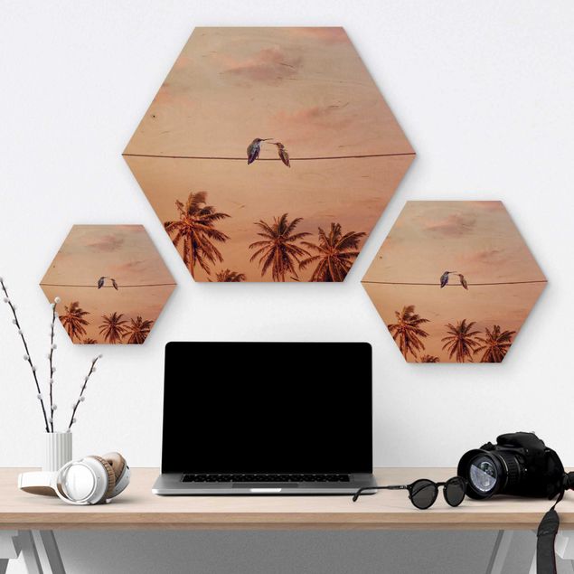Hexagon Bild Holz - Jonas Loose - Sonnenuntergang mit Kolibris