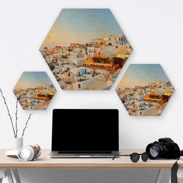 Hexagon Bild Holz - Strahlendes Santorin