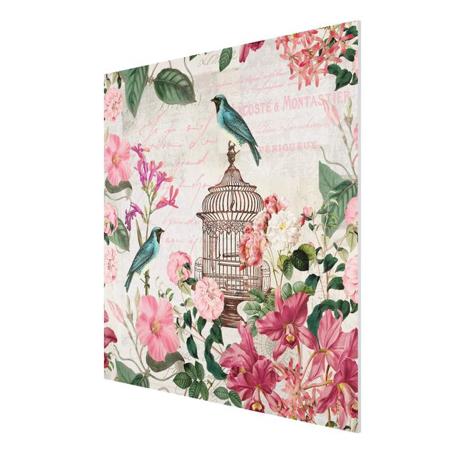 Cuadros de flores Shabby Chic Collage - Pink Flowers And Blue Birds