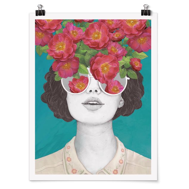 Cuadros de retratos Illustration Portrait Woman Collage With Flowers Glasses