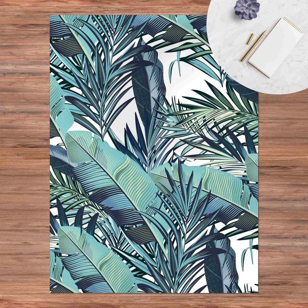 alfombra de terraza Turquoise Leaves Jungle Pattern