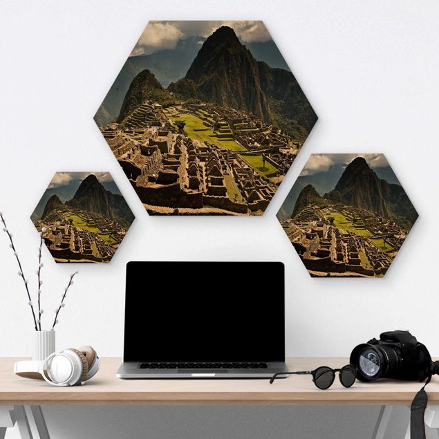 Hexagon Bild Holz - Machu Picchu