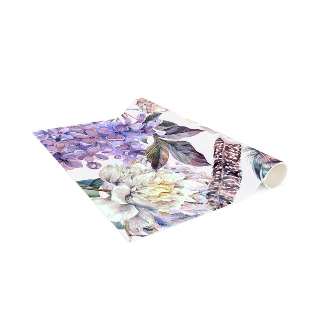 Alfombras florales Delicate Watercolour Boho Flowers And Feathers Pattern