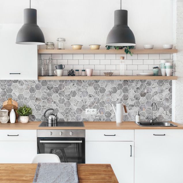 Salpicaderos de cocina efecto teja Marble Hexagon Tiles - Grey