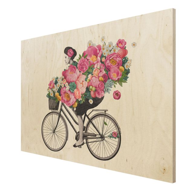 Cuadros de madera flores Illustration Woman On Bicycle Collage Colourful Flowers