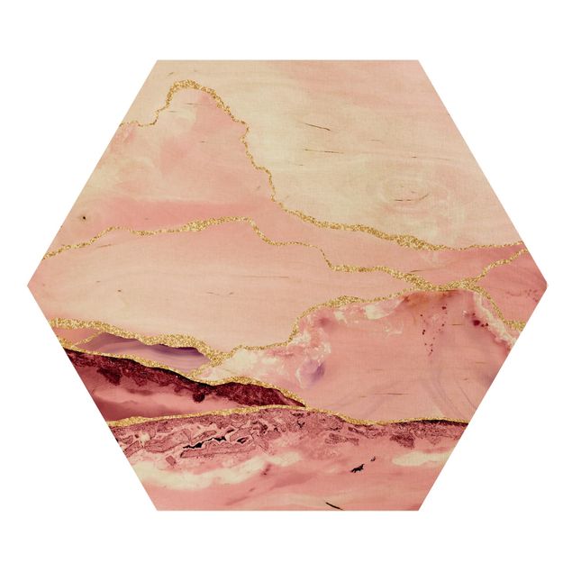 Cuadros abstractos para salón Abstract Mountains Pink With Golden Lines