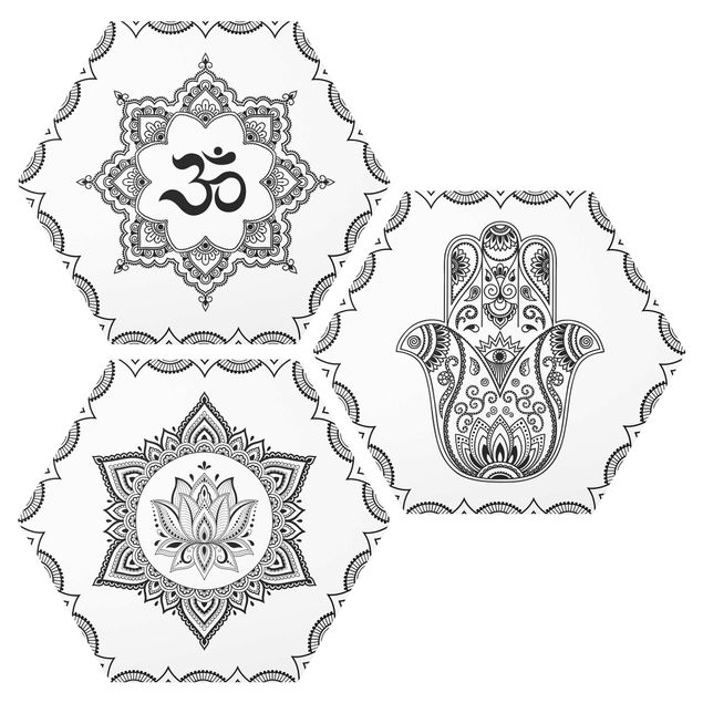 Cuadros zen Hamsa Hand Lotus OM Illustration Set Black And White