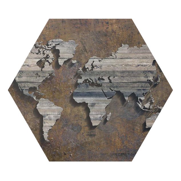 Cuadros en tonos beige y marrón Wooden Grid World Map