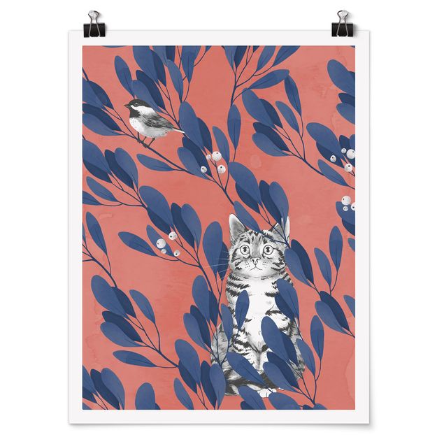 Póster animales Illustration Cat And Bird On Branch Blue Red