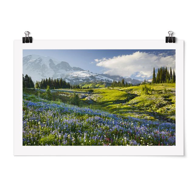 Cuadros de paisajes naturales  Mountain Meadow With Flowers In Front Of Mt. Rainier