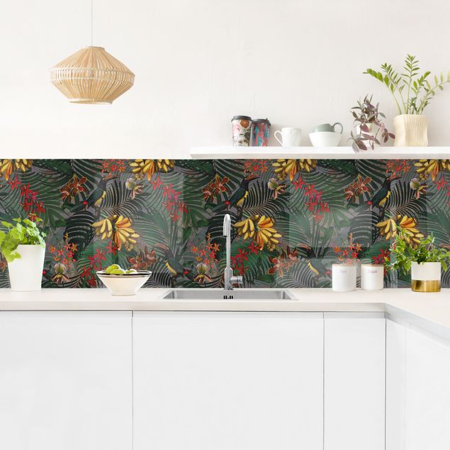 Salpicaderos cocina flores Tropical Ferns With Tucan Green