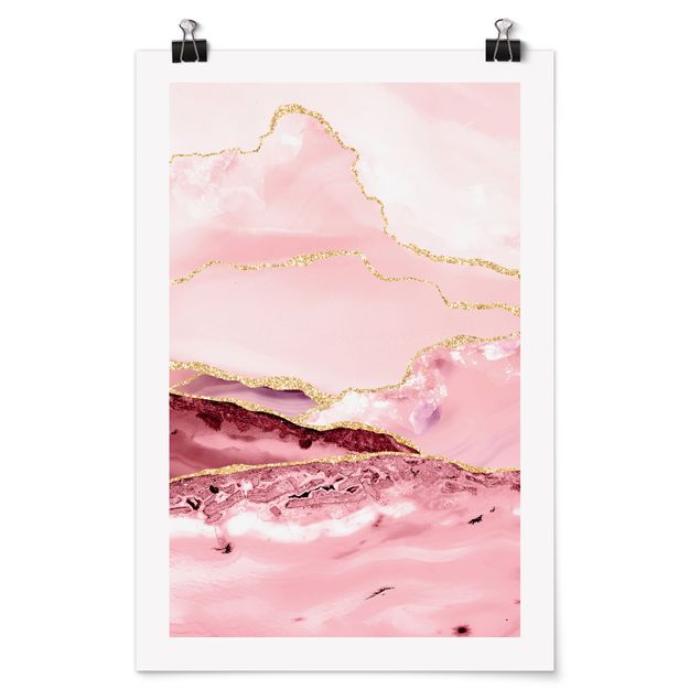 Póster abstracto  Abstract Mountains Pink With Golden Lines