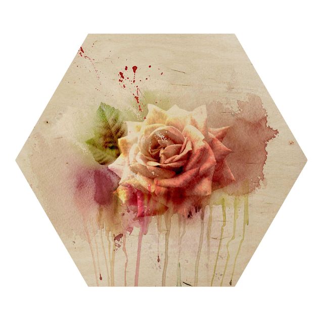 Hexagon Bild Holz - Aquarell Rose
