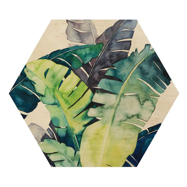 Hexagon Bild Holz - Exotisches Blattwerk - Banane
